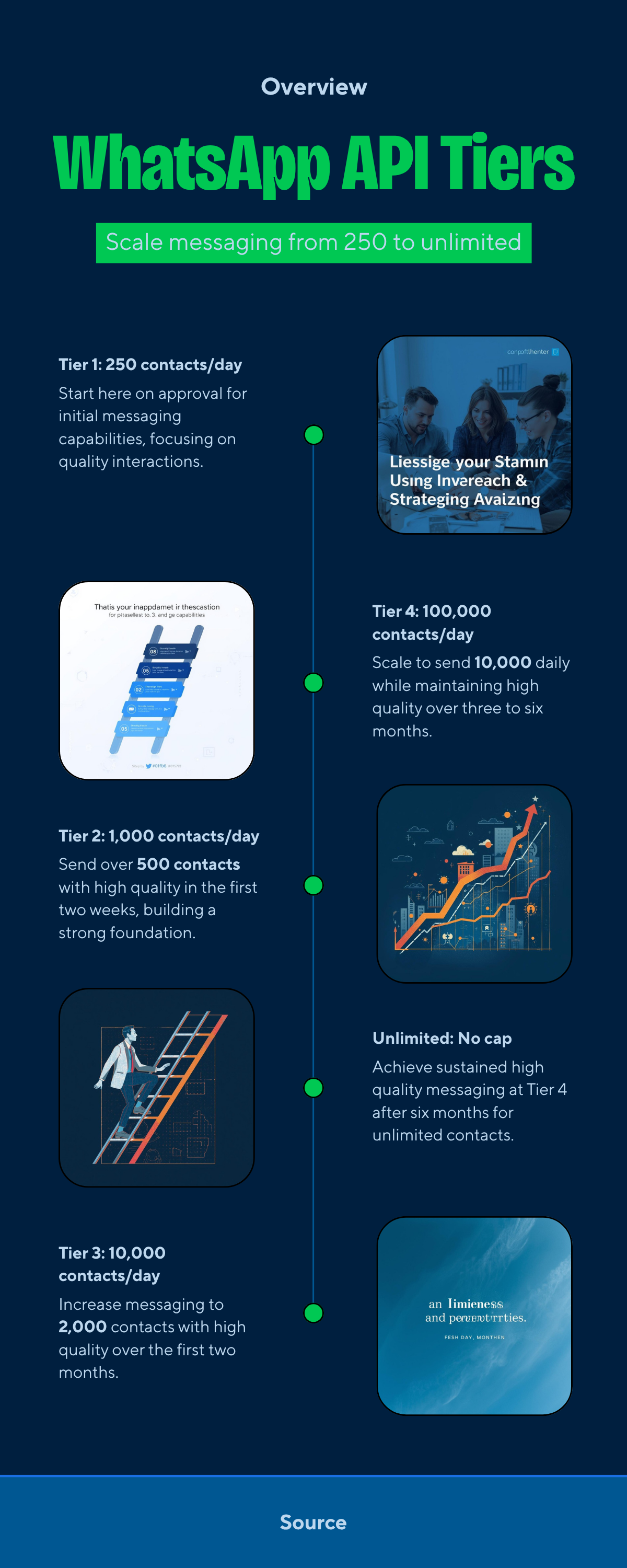 WhatsApp Business API messaging tiers — progression from 250 to 1K to 10K to 100K to unlimited daily contacts based on quality rating
