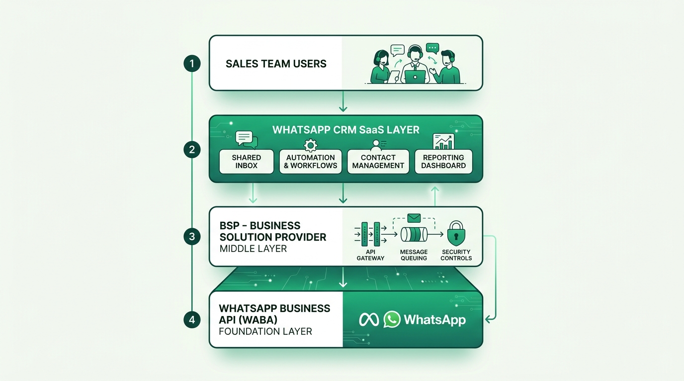 WhatsApp CRM architecture stack: sales team users on top, WhatsApp CRM SaaS layer, BSP middle layer, WhatsApp Business API foundation layer