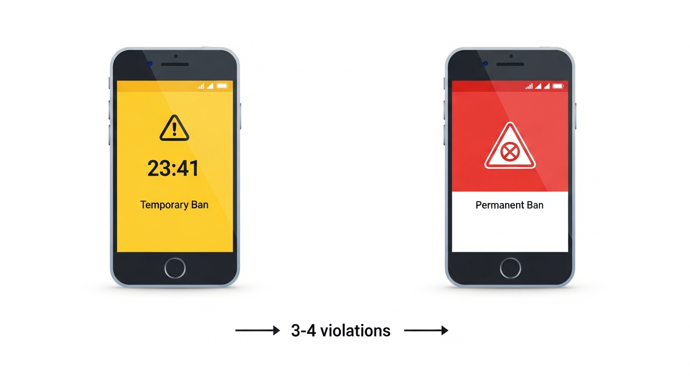 Side-by-side comparison of WhatsApp temporary ban screen with countdown timer versus permanent ban screen with no timer
