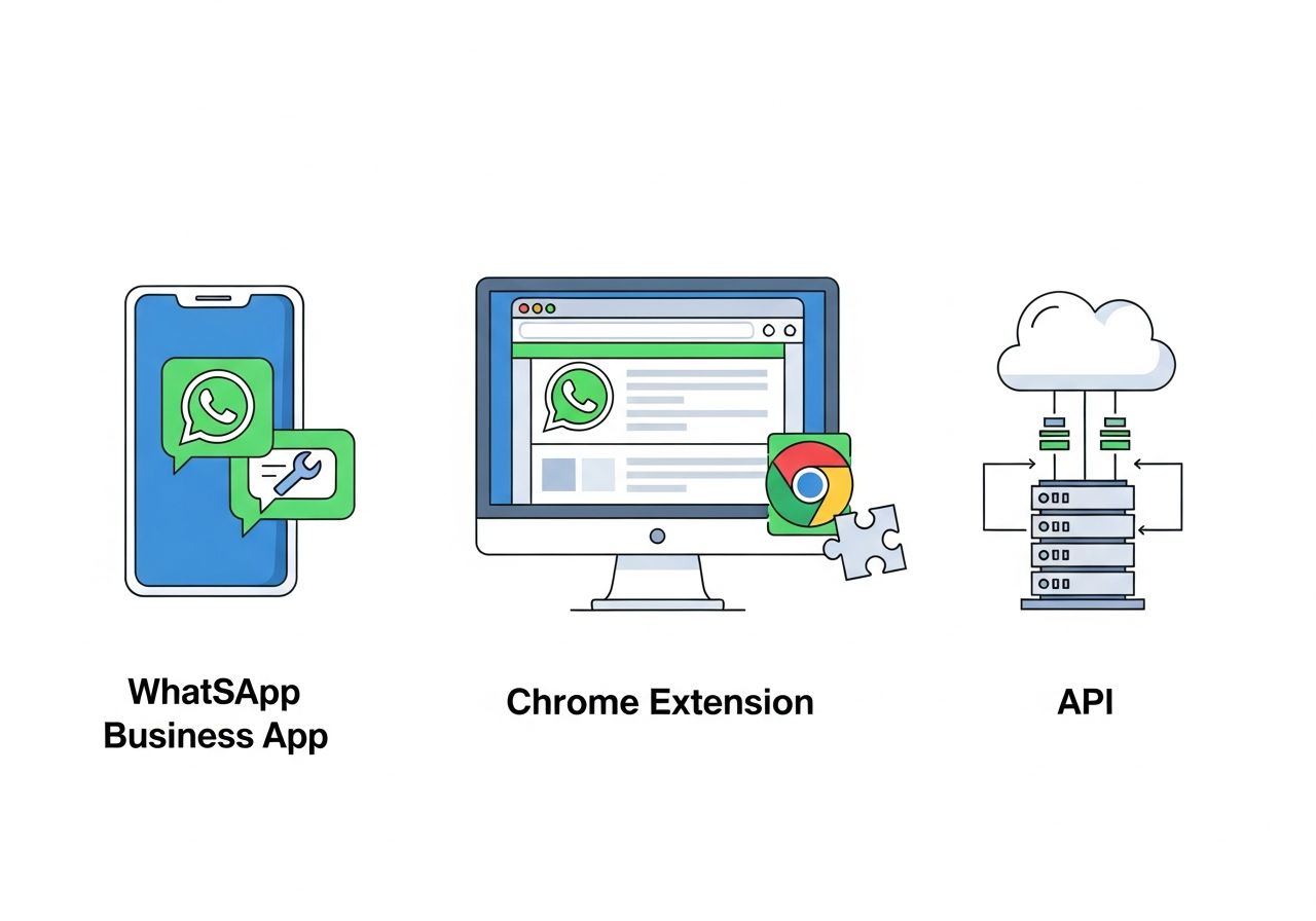 Visual comparison for: WhatsApp Automated Messages: Business App vs Chrome Extension vs API