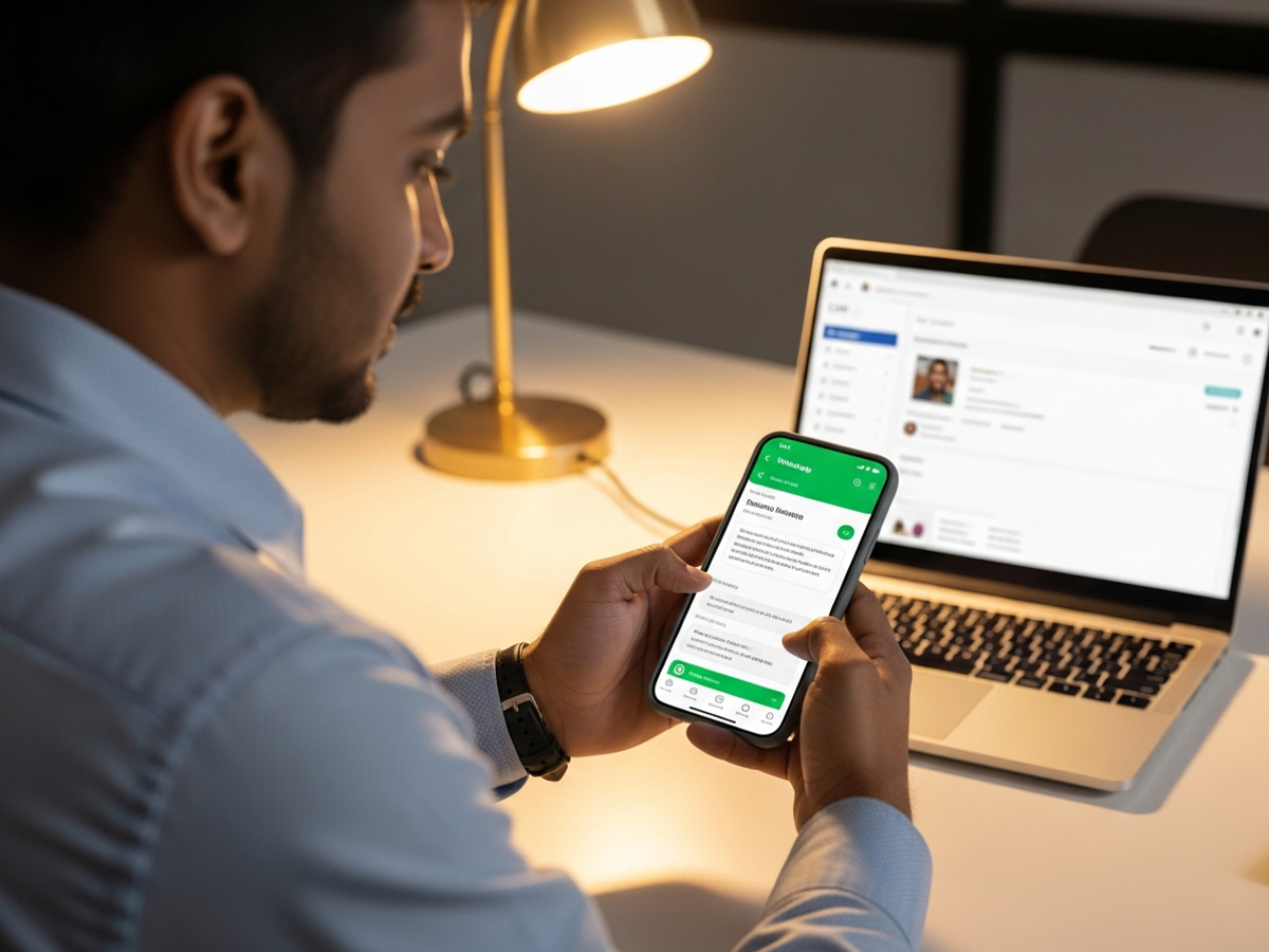 Indian sales professional reviewing a WhatsApp cold outreach template on smartphone with CRM dashboard visible in background