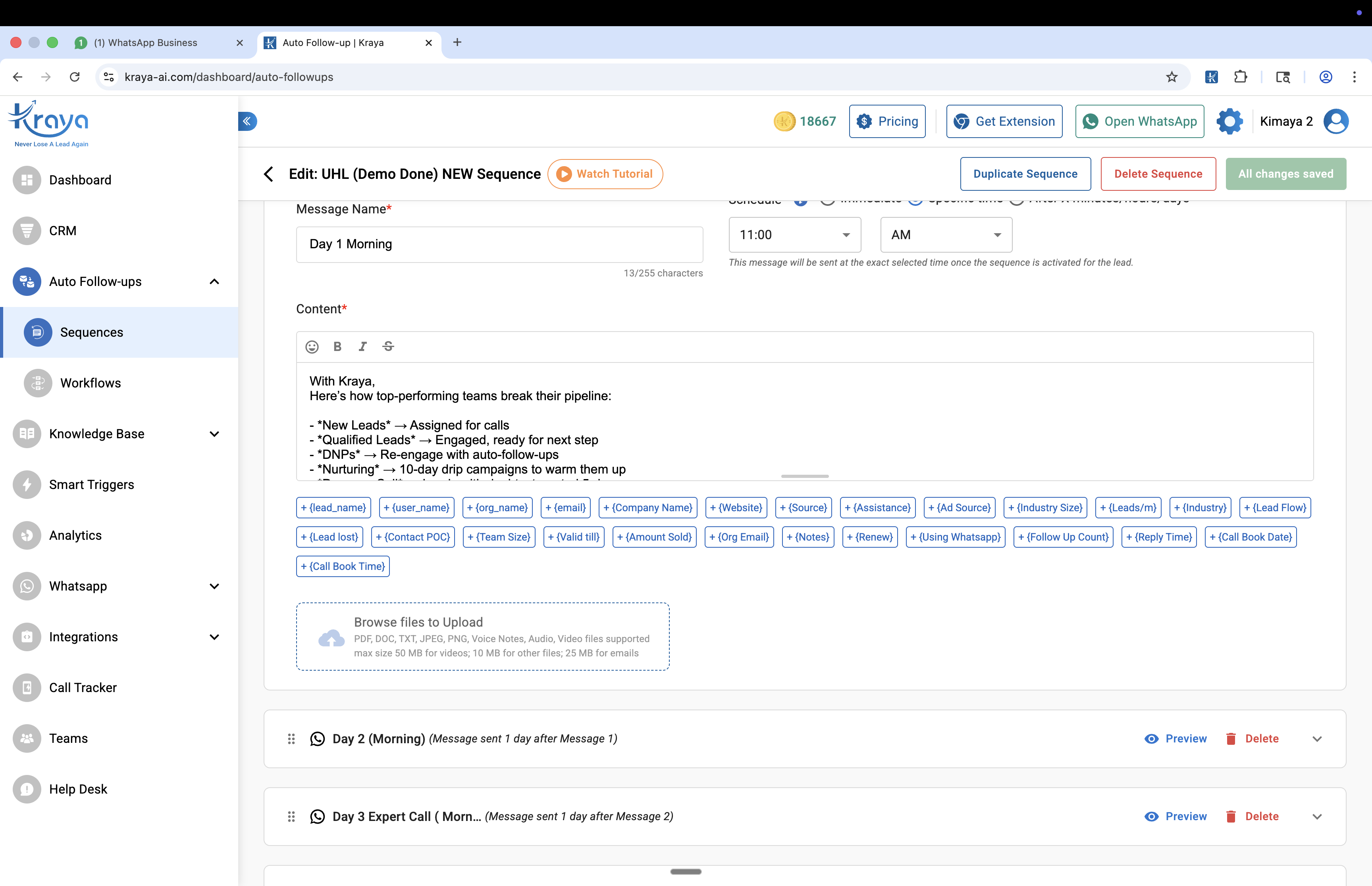 Kraya AI auto follow-up sequence editor with Day 1, Day 2, Day 3 automated messages
