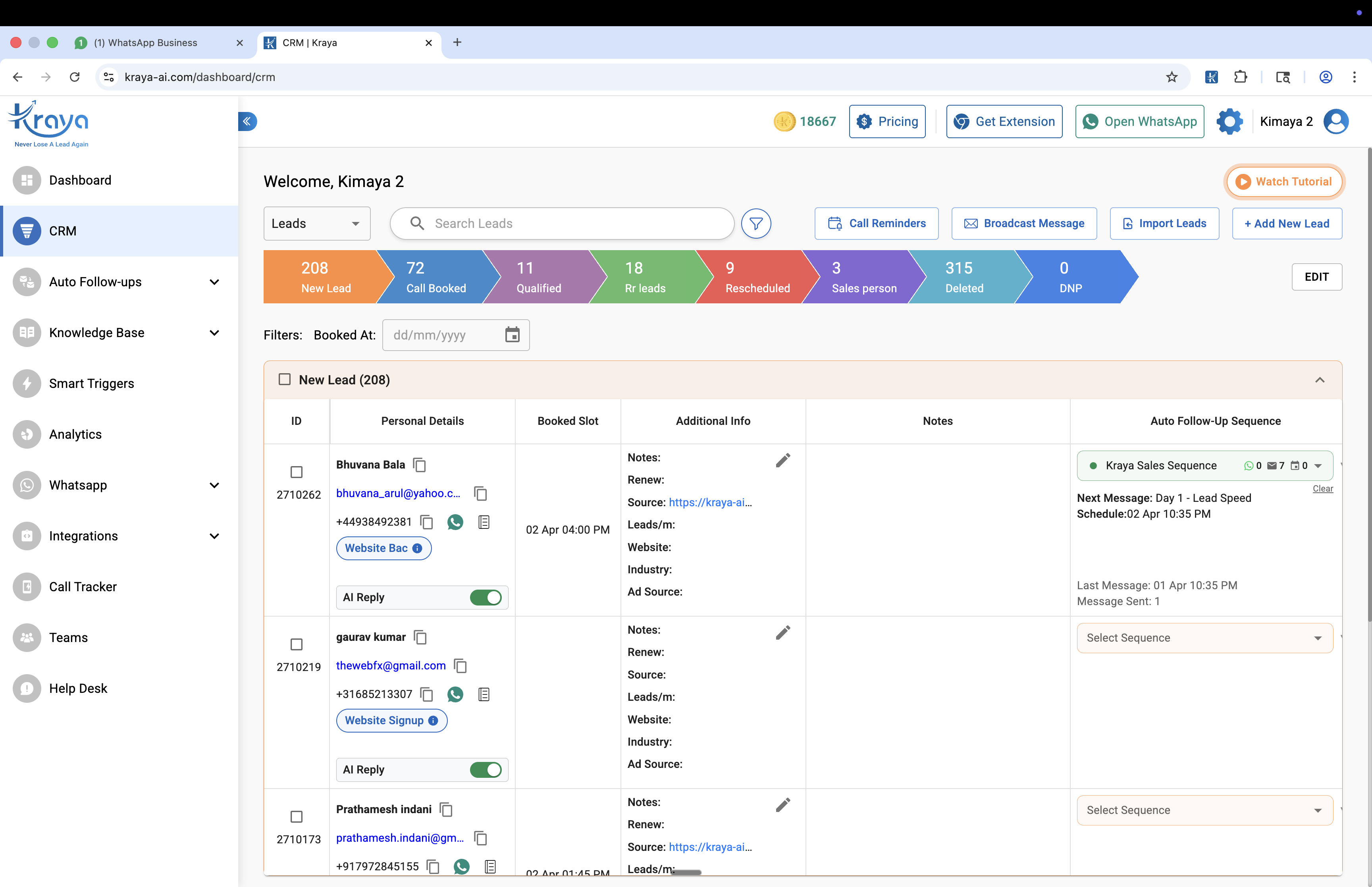 Kraya CRM pipeline showing WhatsApp cold outreach replies organised by stage — interested, follow-up needed, converted
