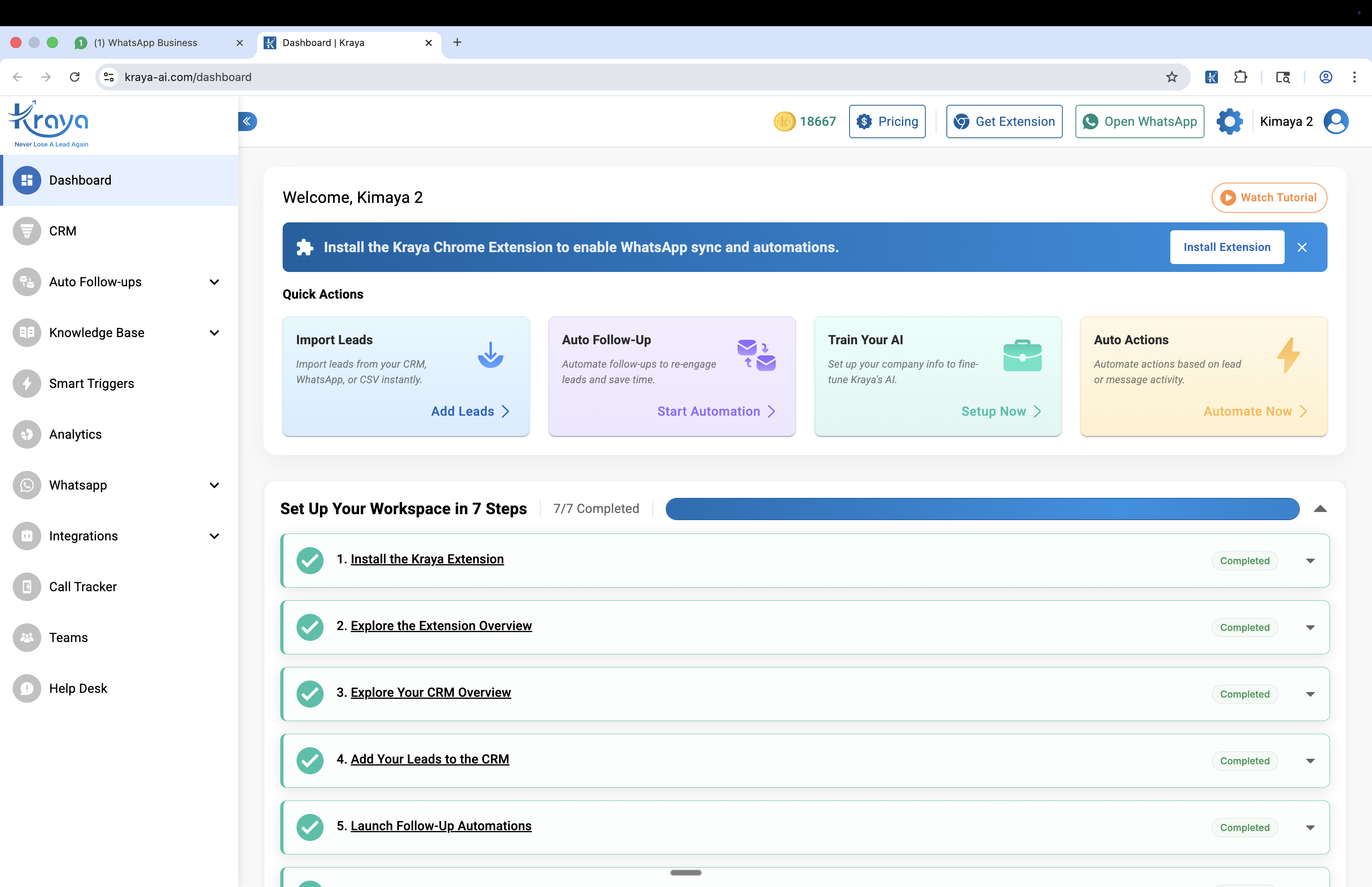 Kraya AI dashboard — Quick Actions for Import Leads, Auto Follow-Up, Train AI, and automation beyond WhatsApp broadcast limits